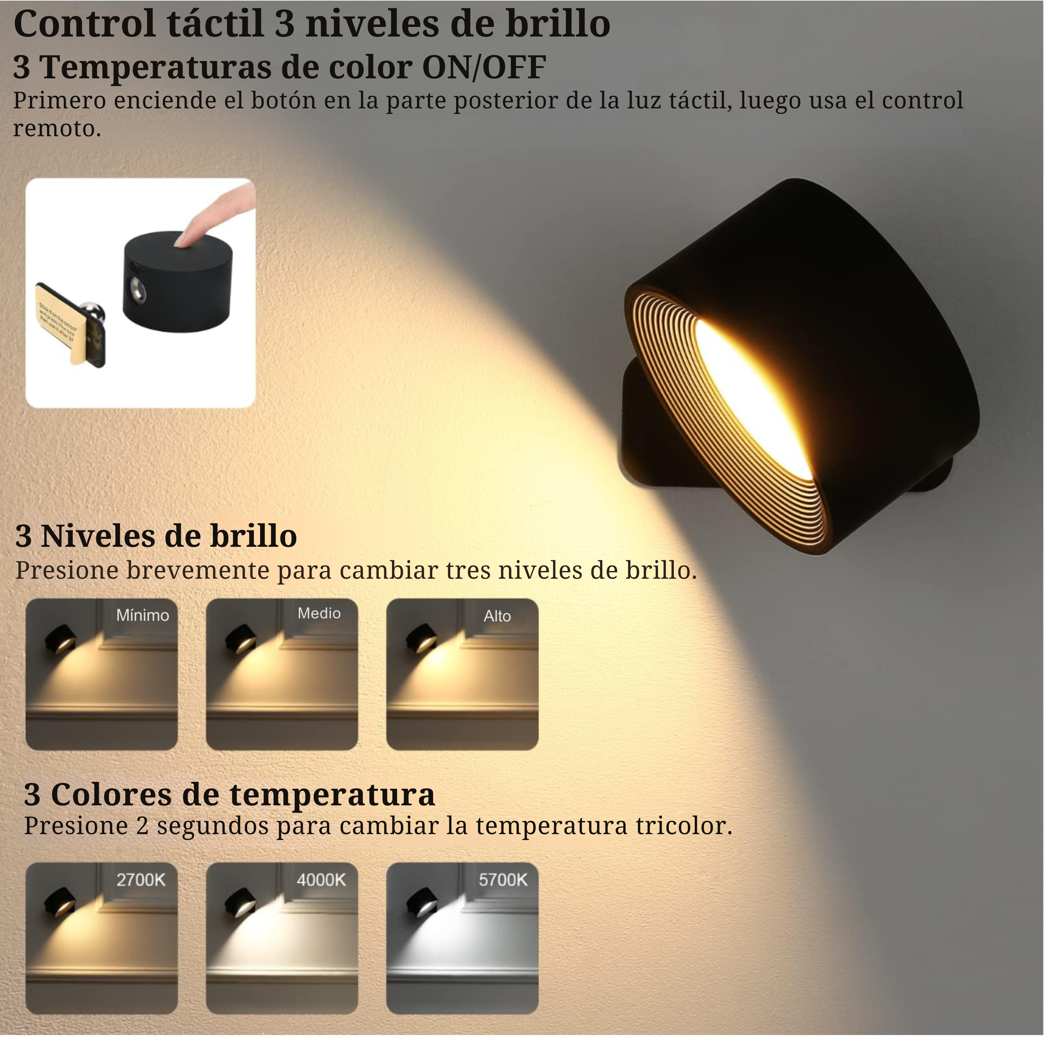 Lámpara LED de Pared Inteligente 360° con Control Remoto