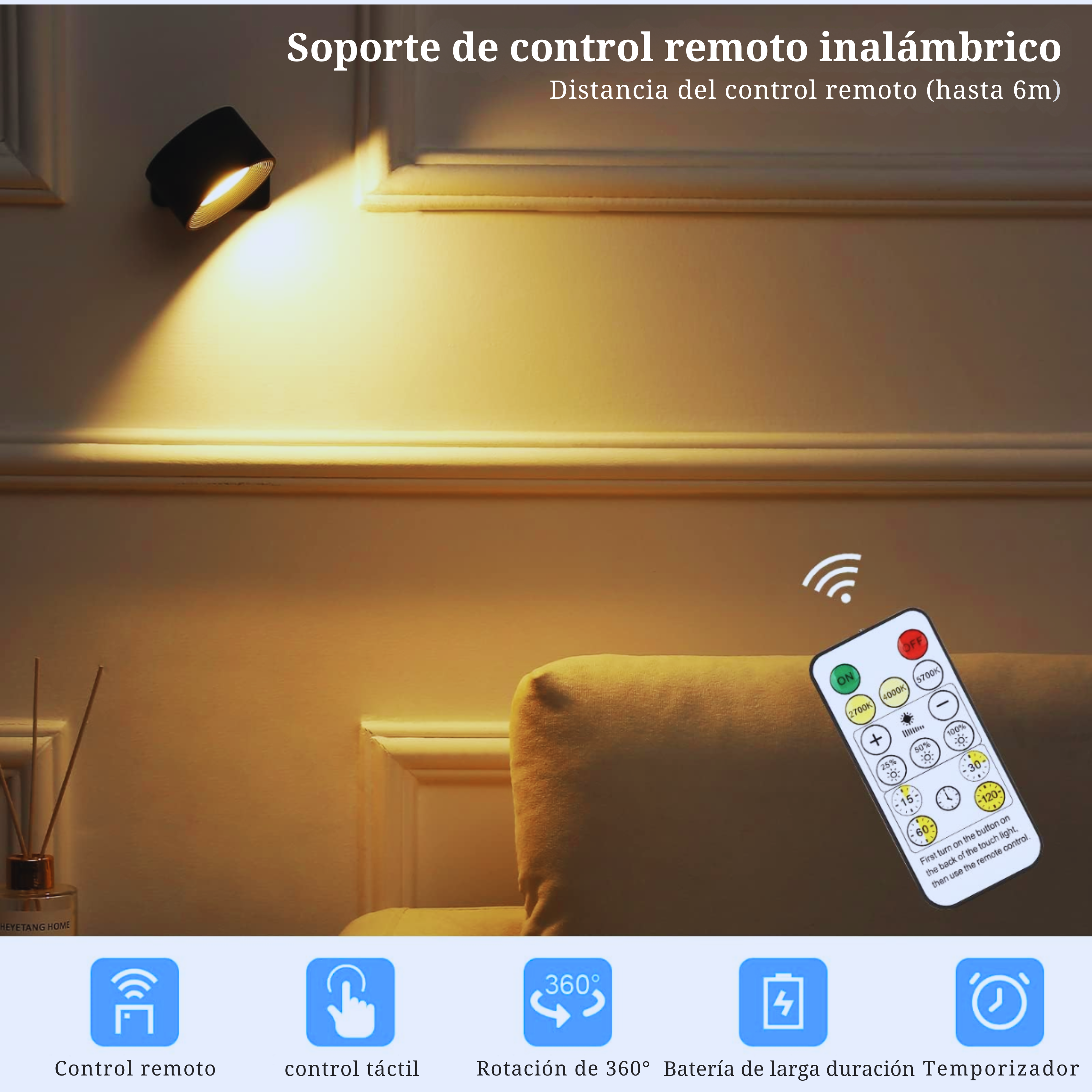 Lámpara LED de Pared Inteligente 360° con Control Remoto